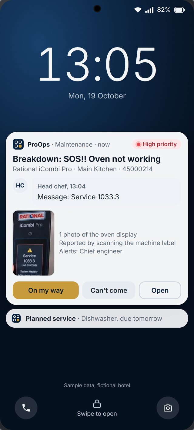 Phone lock screen with a ProOps notification: Breakdown, oven not working, with the buttons On my way, Can't come and Open
