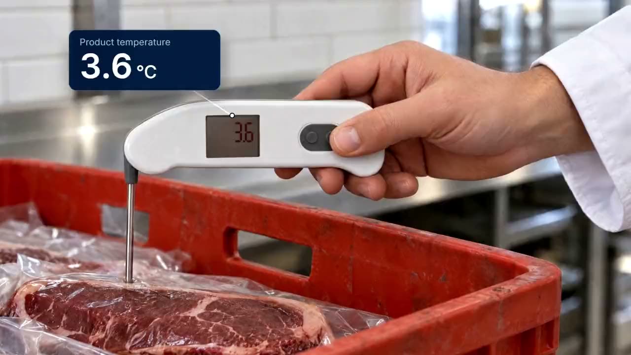 A chef's hand holds a thermometer probe in vacuum-packed beef; the reading shows 3.6 degrees Celsius