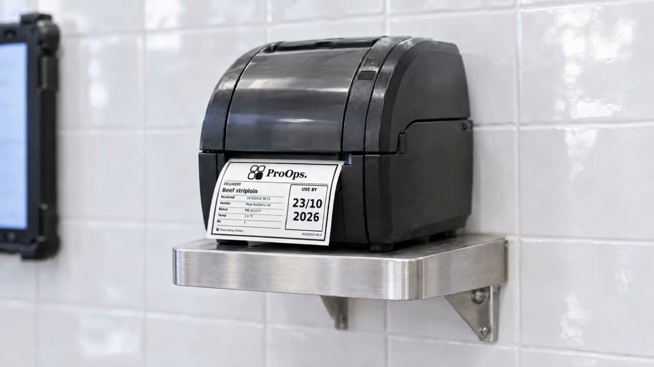 A label printer on a shelf with a printed ProOps delivery label