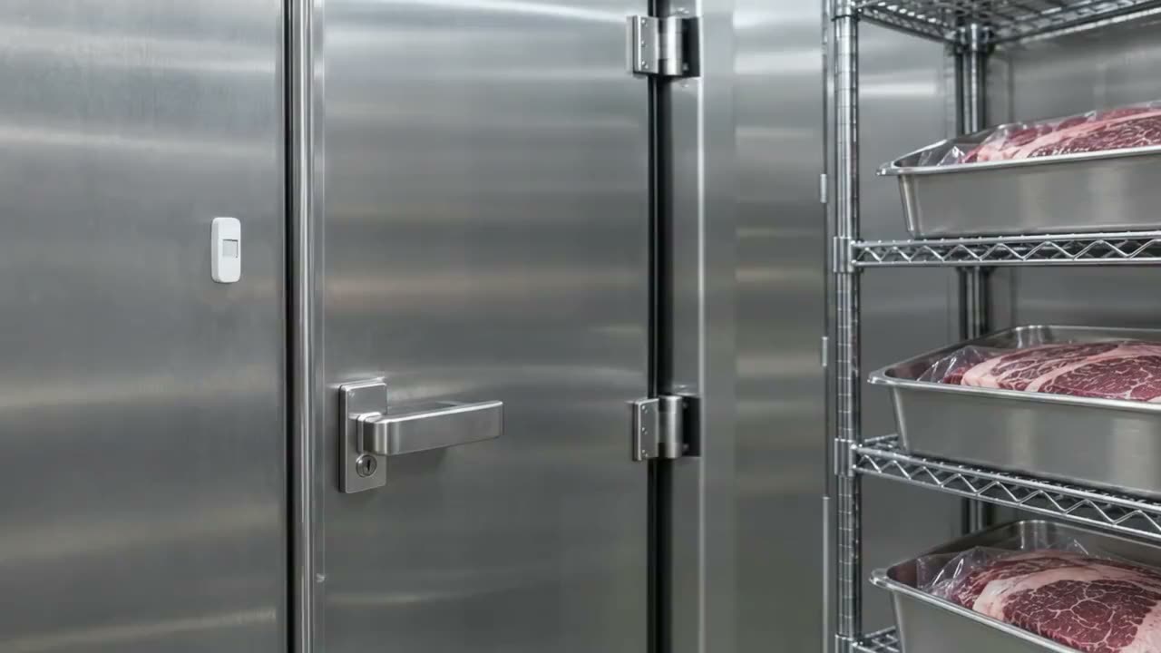 A chef places a tray of meat on a shelf in the cold room