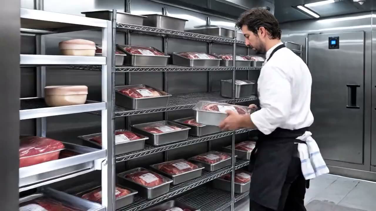 A chef places a tray of meat on a shelf in the cold room