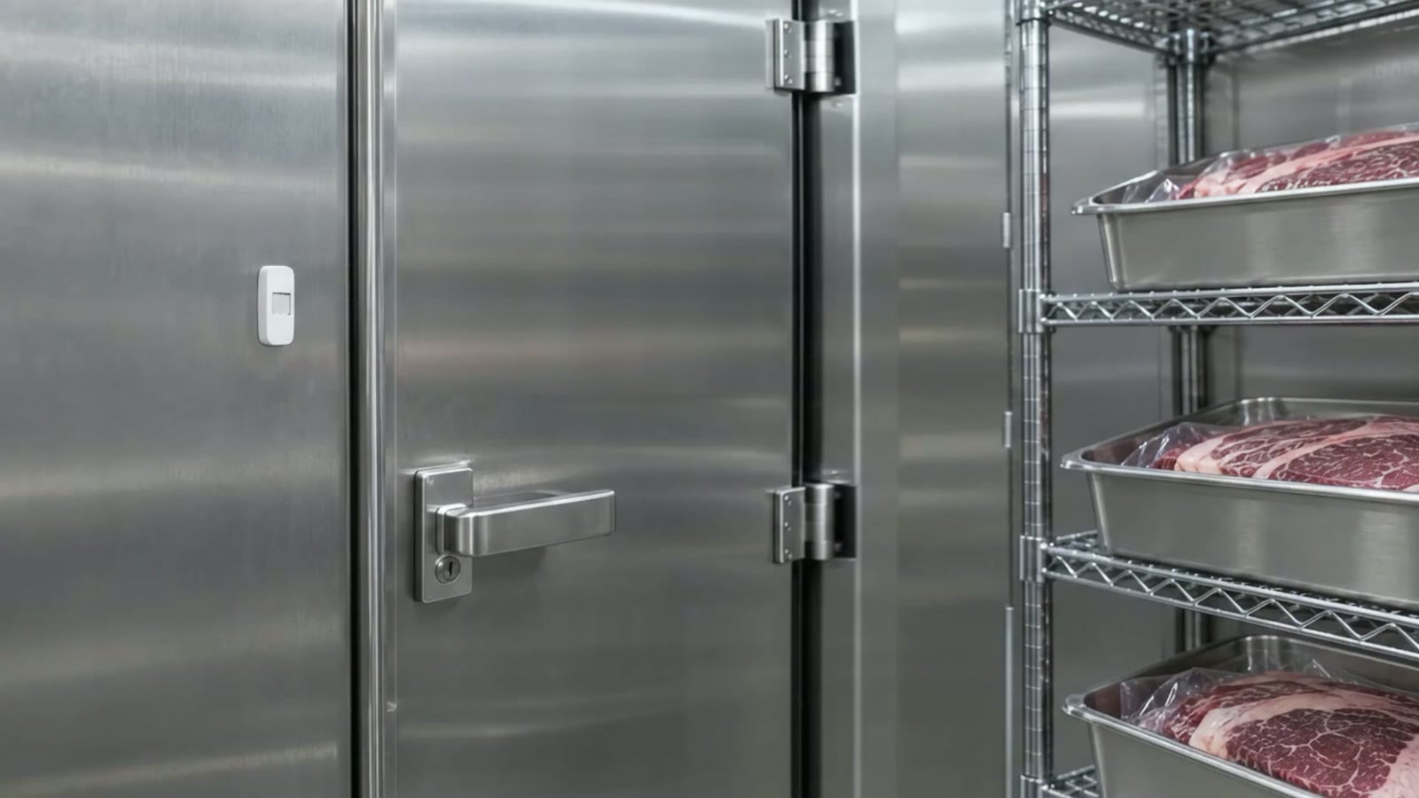 A small wireless sensor on the wall inside a walk-in cold room, with trays of meat on the shelves