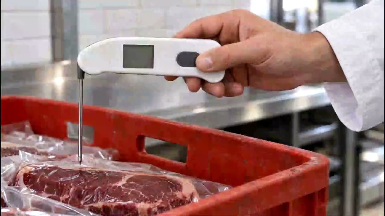A chef's hand holds a thermometer probe in vacuum-packed beef in a red crate