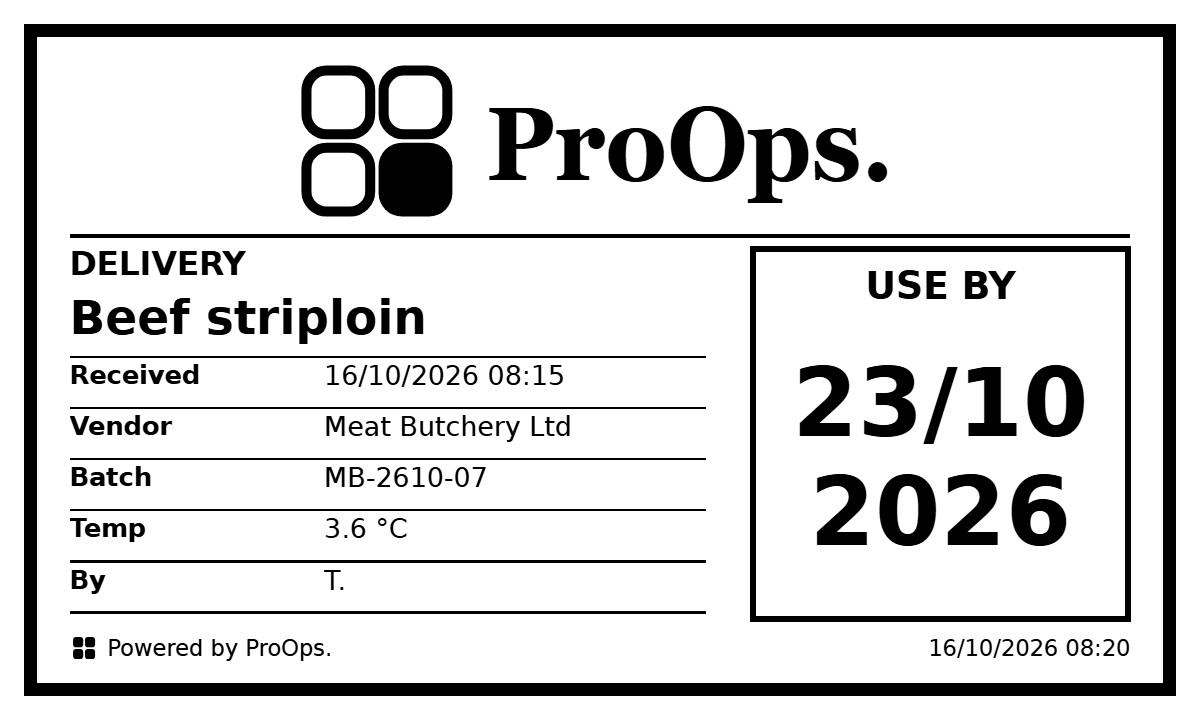 The delivery label: Beef striploin, supplier, batch, received date and time, use-by 23/10/2026