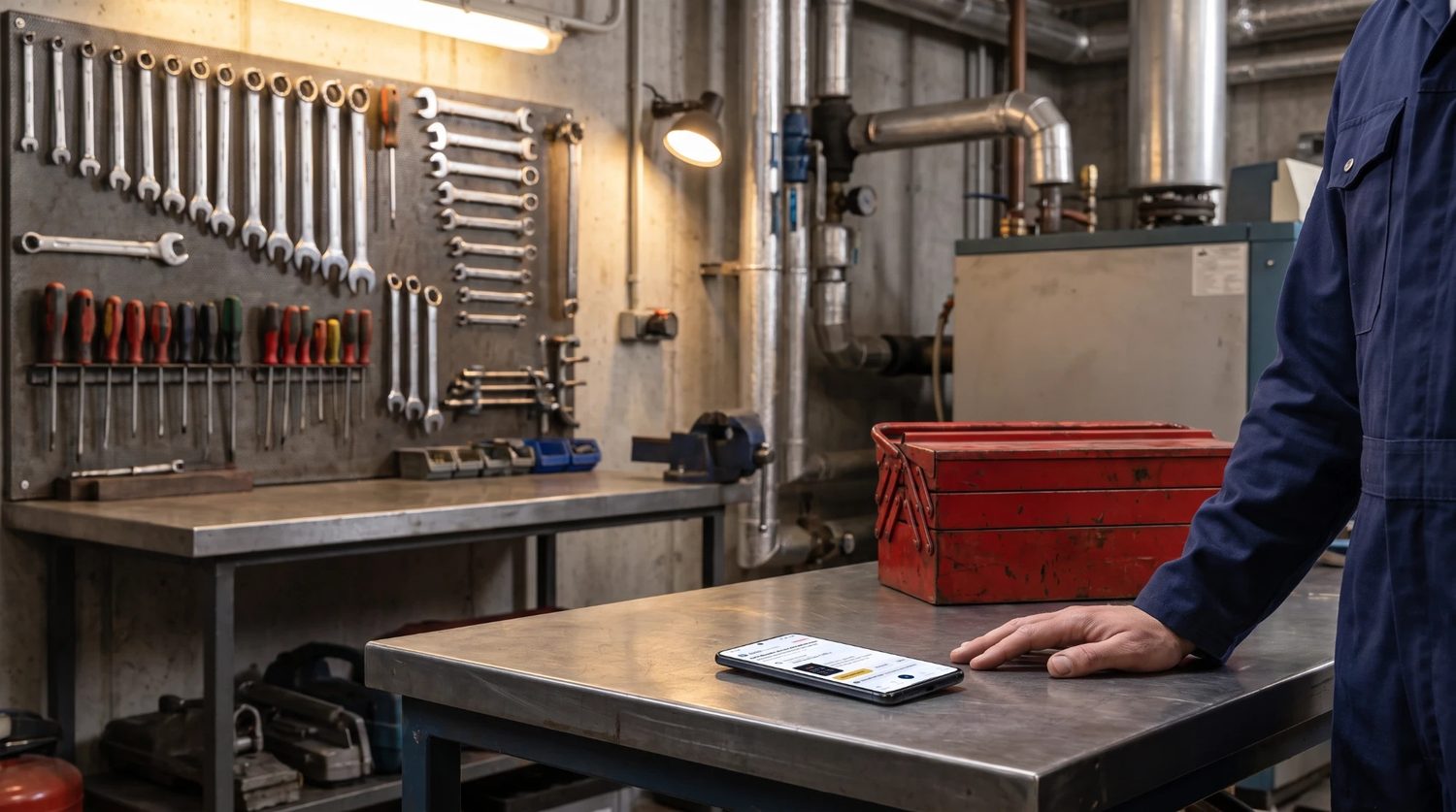 An engineer in a workshop, a phone on the bench beside him