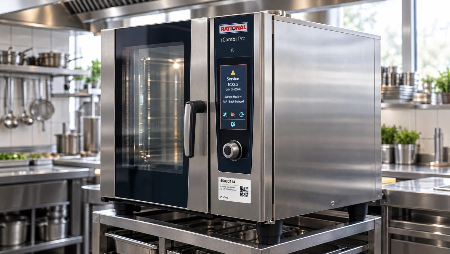 The oven showing a service message on its display, with the QR label on the front
