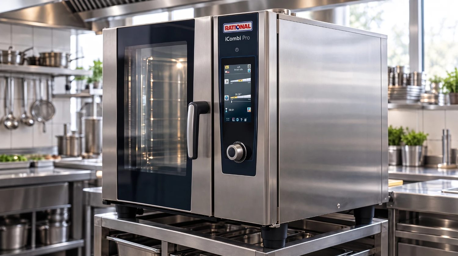 A combi oven in a hotel kitchen, working normally
