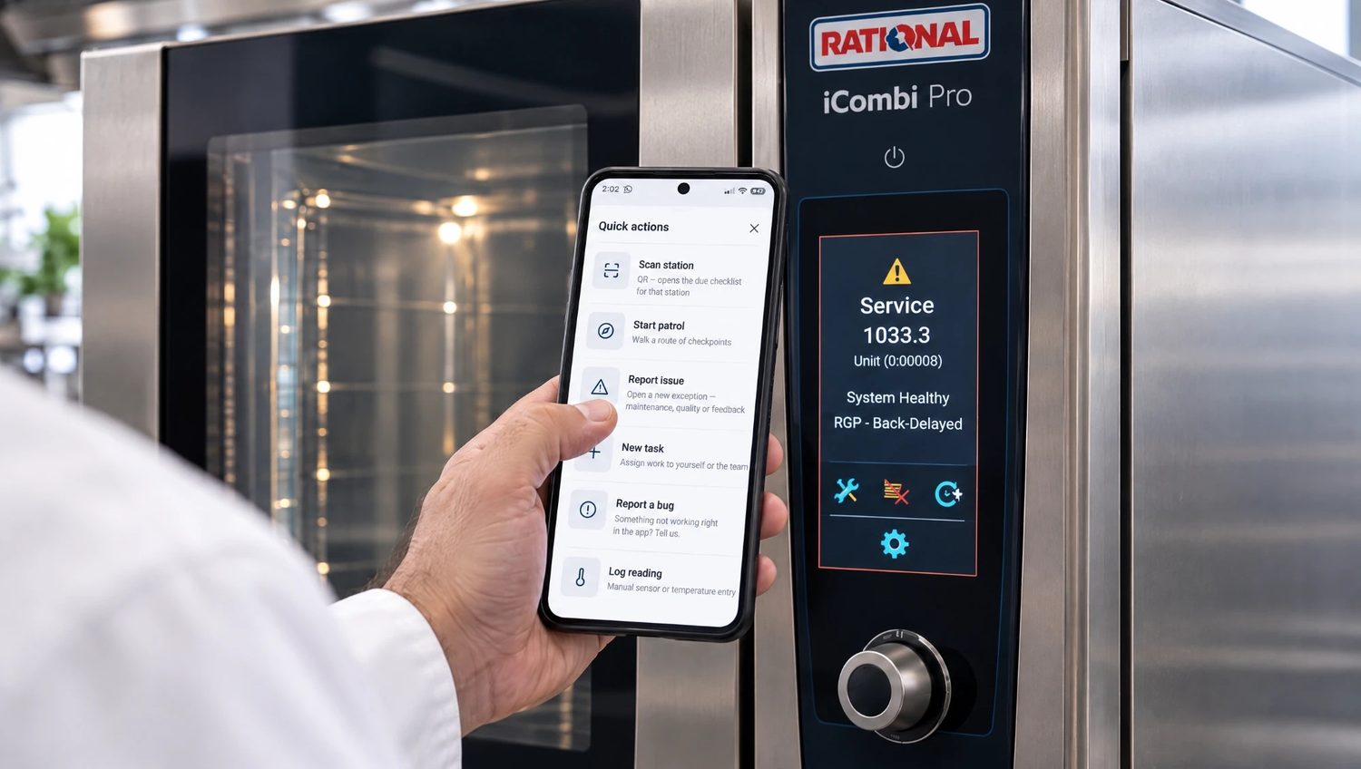 The ProOps quick actions menu on a phone held in front of the oven