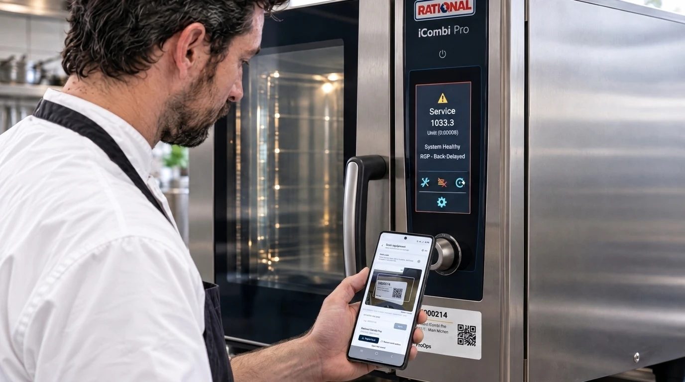 A chef scans the QR label on the oven with a phone