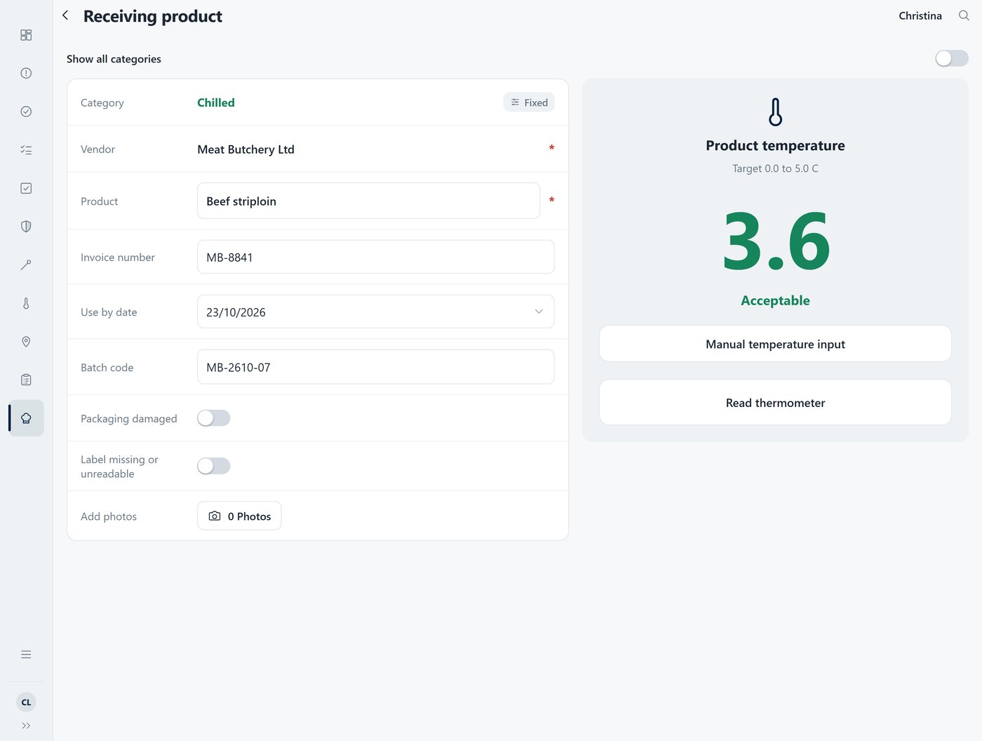ProOps receiving screen: product temperature 3.6 degrees Celsius, Acceptable